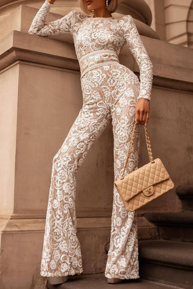 Celebrities Elegant Solid Lace Patchwork With Belt O Neck Regular Jumpsuits