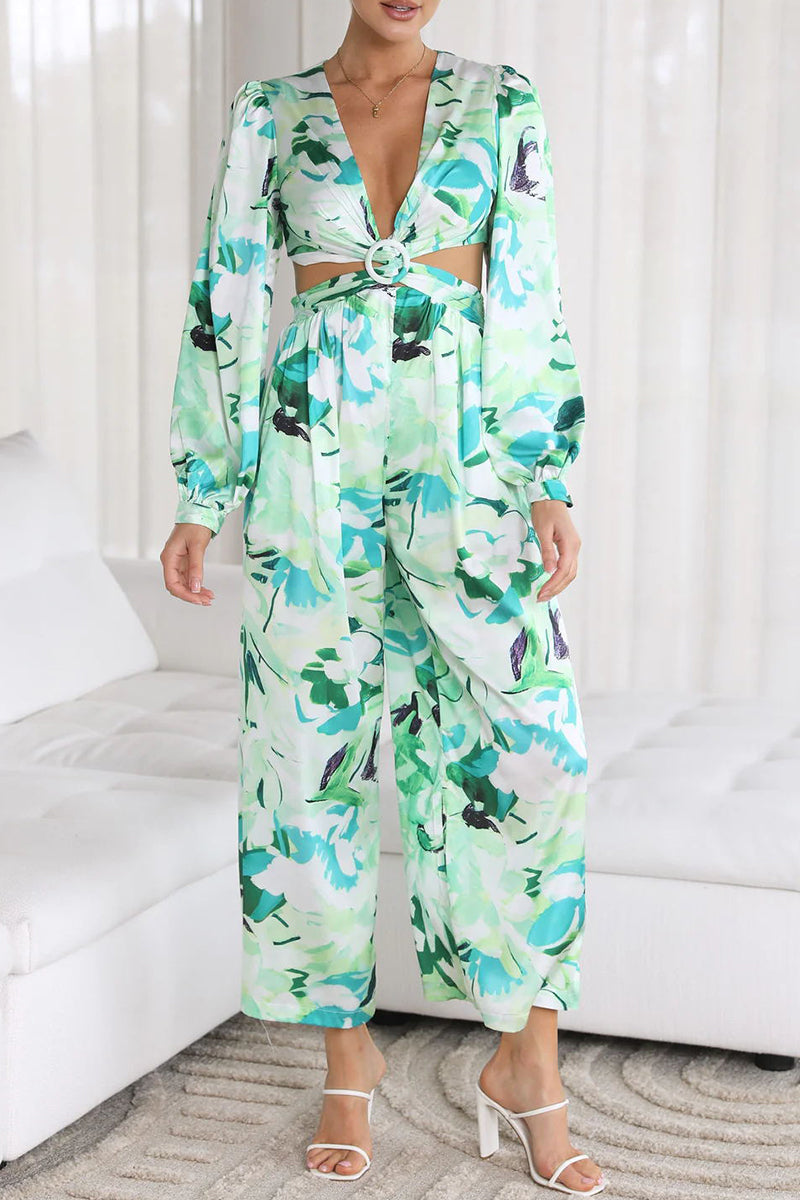 Casual Sweet Print Patchwork V Neck Loose Jumpsuits