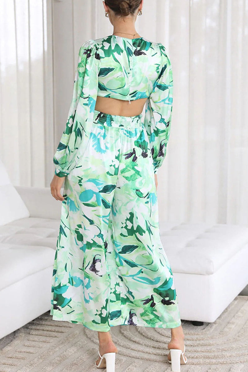 Casual Sweet Print Patchwork V Neck Loose Jumpsuits