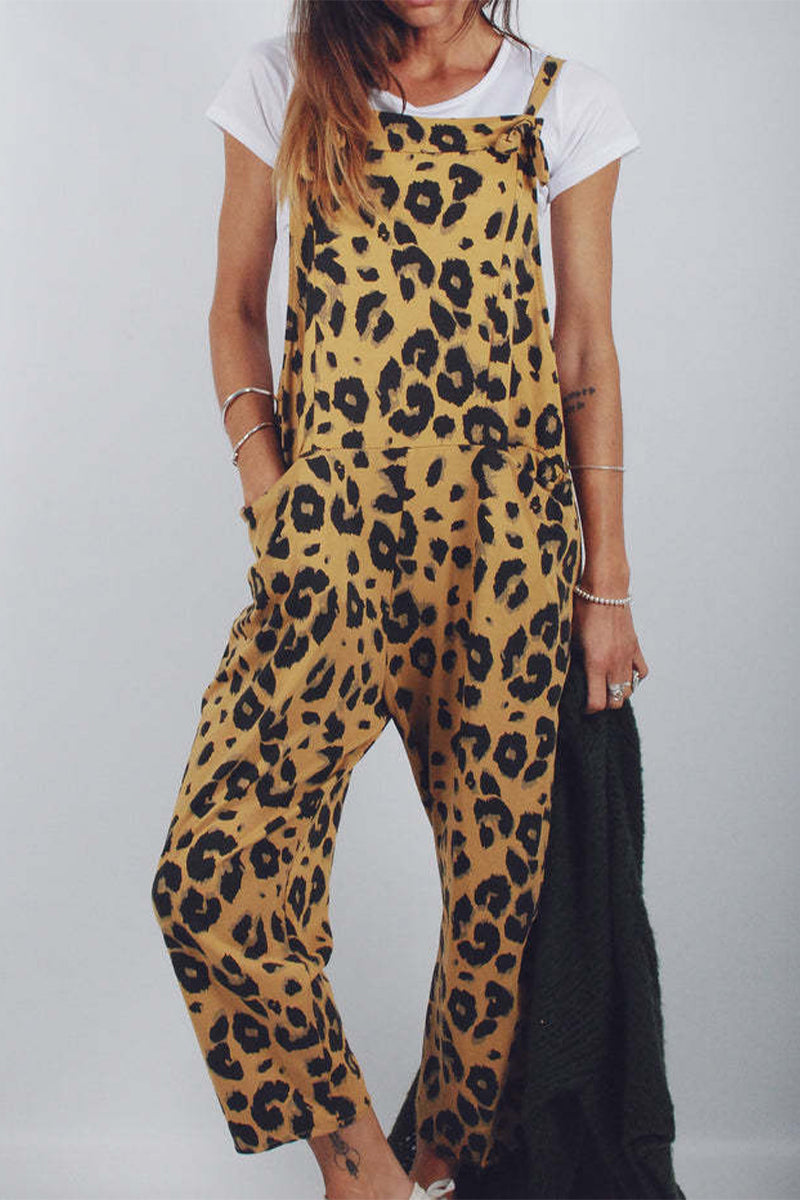 Casual College Leopard Patchwork Loose Jumpsuits