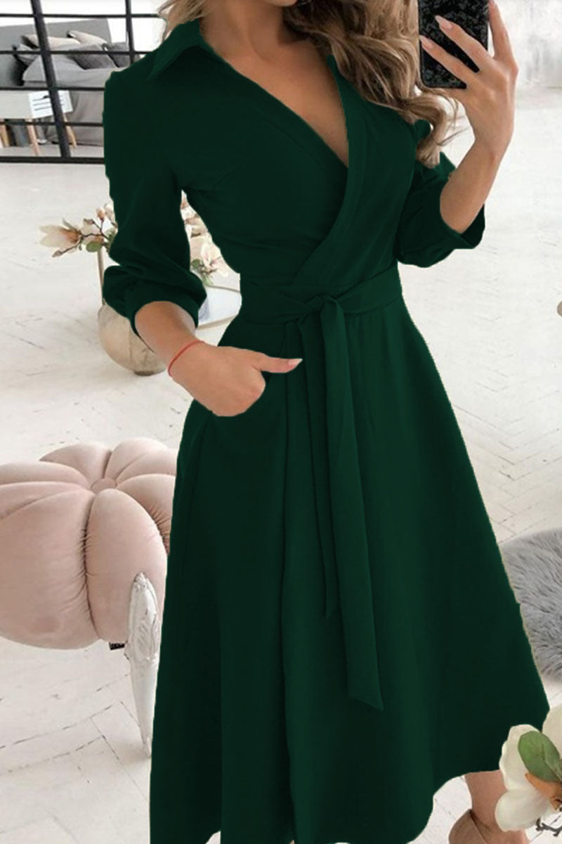 Fashion Casual Solid Frenulum V Neck A Line Dresses(5 Colors)