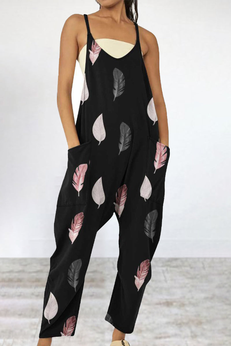 Casual Print Patchwork Pocket V Neck Loose Jumpsuits