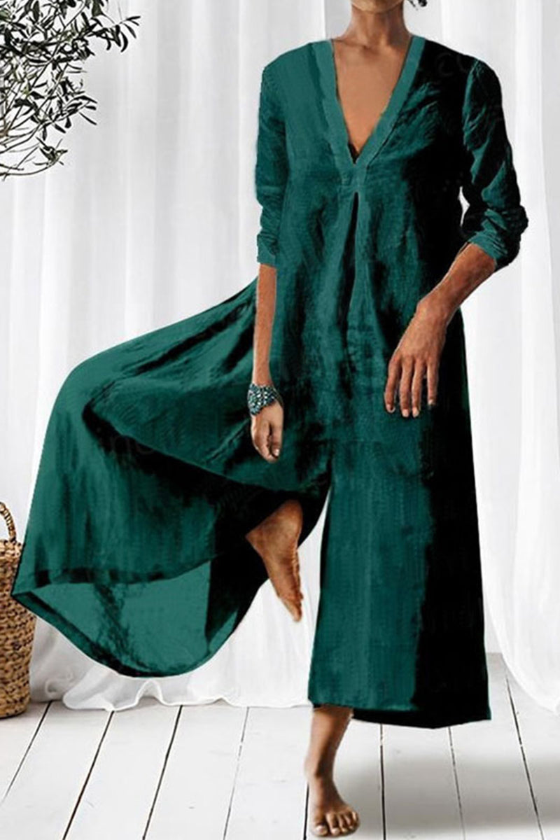 Casual Simplicity Solid Fold V Neck Loose Jumpsuits