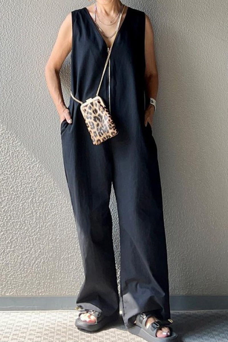 Casual Solid Pocket V Neck Loose Jumpsuits