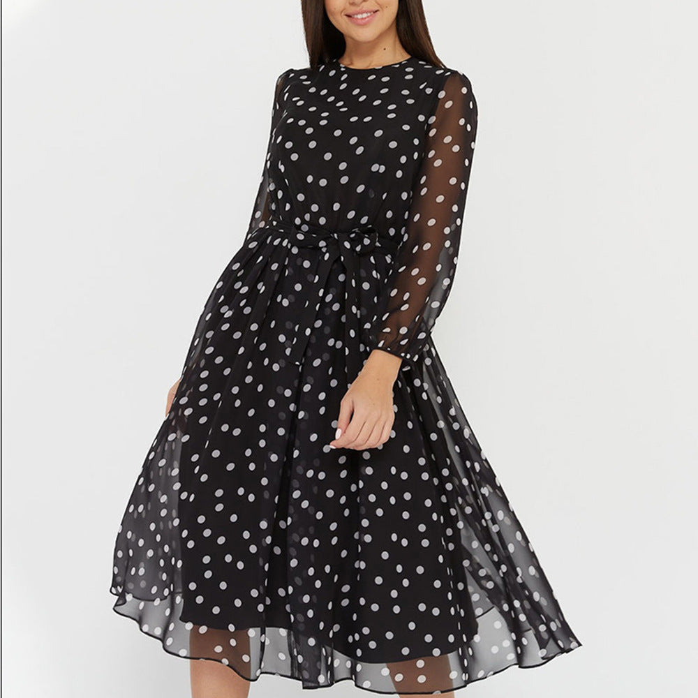 women's retro polka dot long sleeve chiffon dress