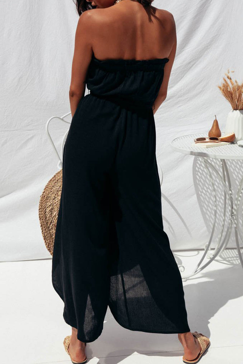 Sexy Casual Solid Frenulum Strapless Loose Jumpsuits