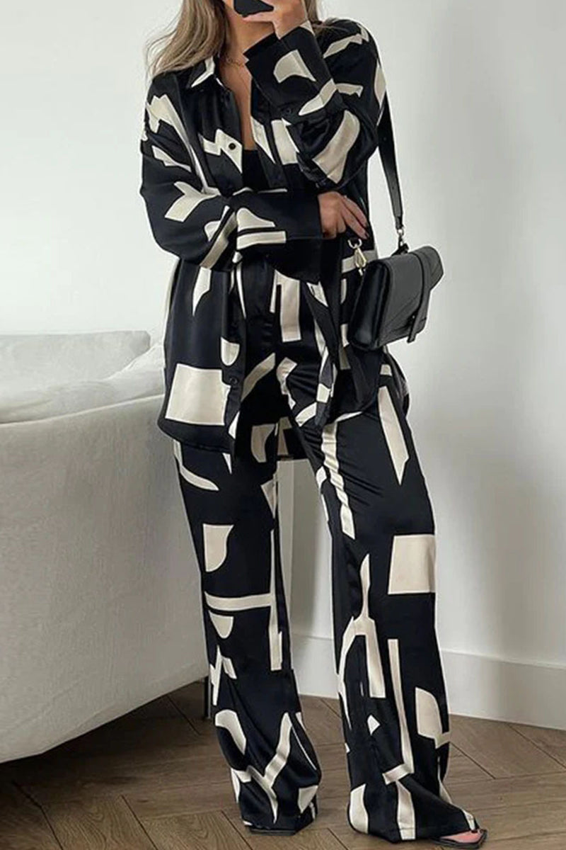 Casual Geometric Print Patchwork Turndown Collar Long Sleeve Two Pieces