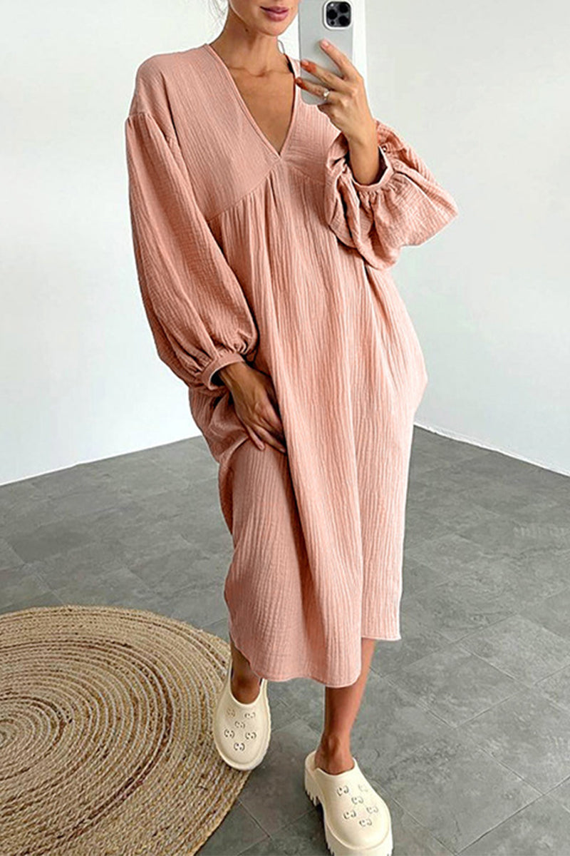 Casual Living Solid Pocket V Neck Long Sleeve Dresses(7 Colors)