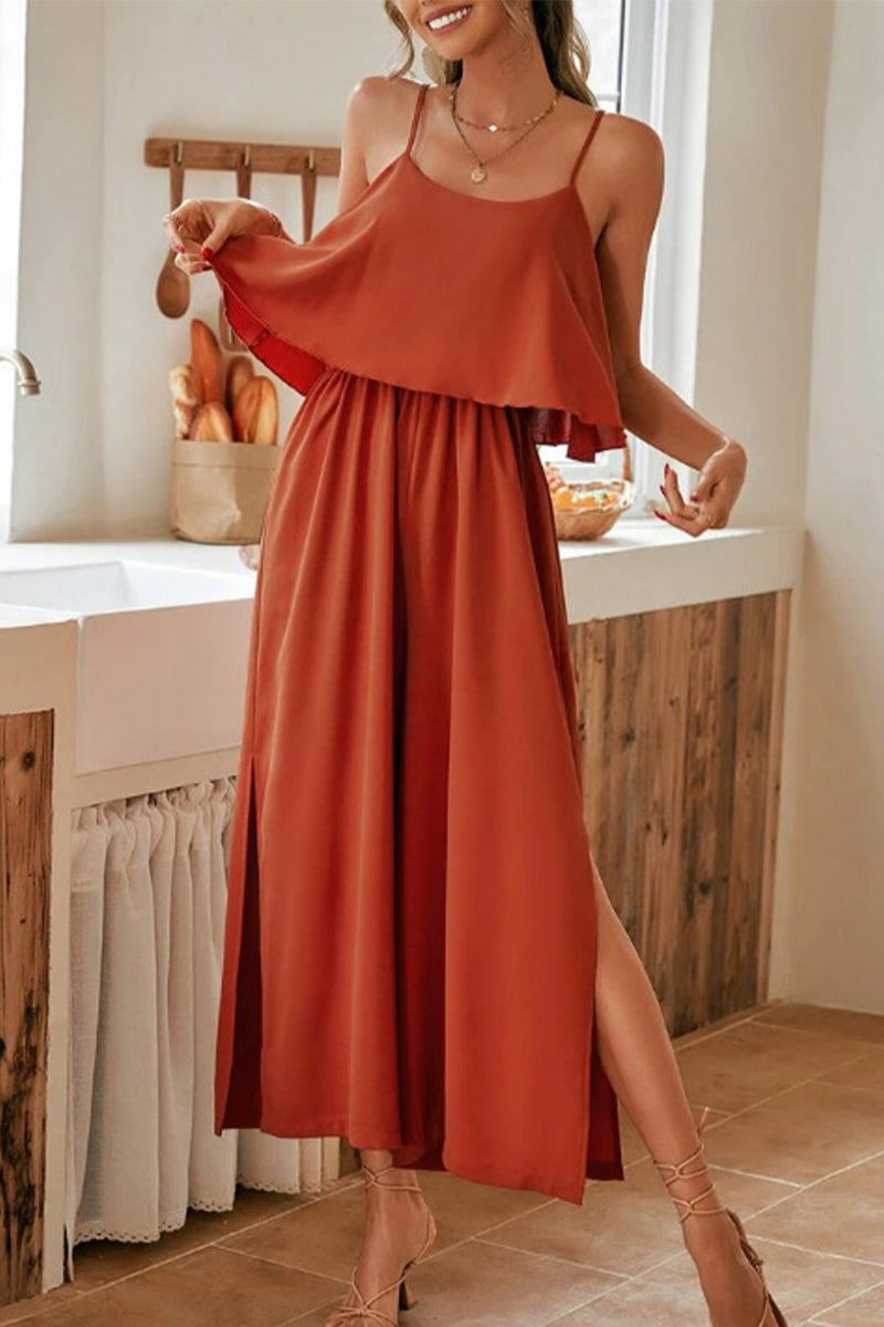 Sweet Elegant Solid Flounce U Neck Straight Jumpsuits(5 Colors)