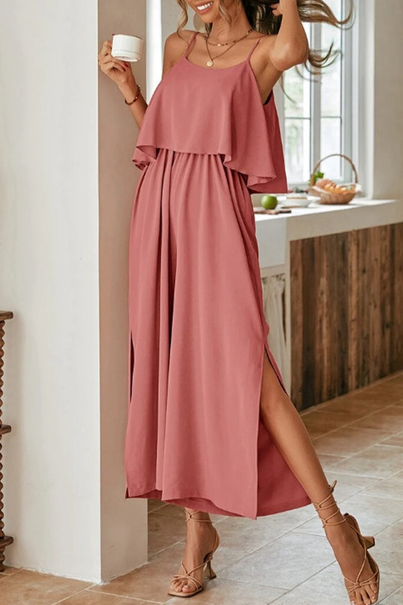 Sweet Elegant Solid Flounce U Neck Straight Jumpsuits(5 Colors)