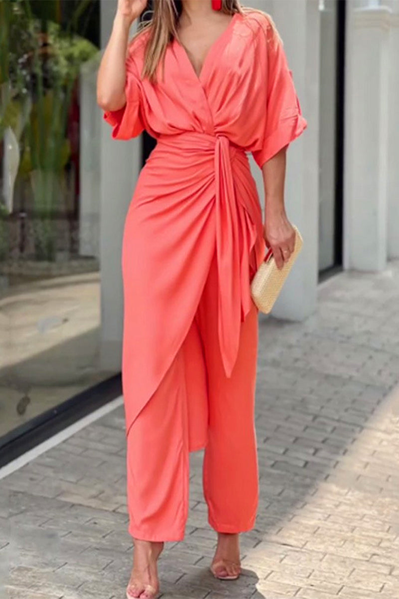 Casual Solid Frenulum V Neck Regular Jumpsuits(5 Colors)