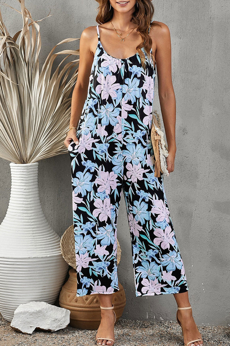 Sweet Print Pocket U Neck Loose Jumpsuits