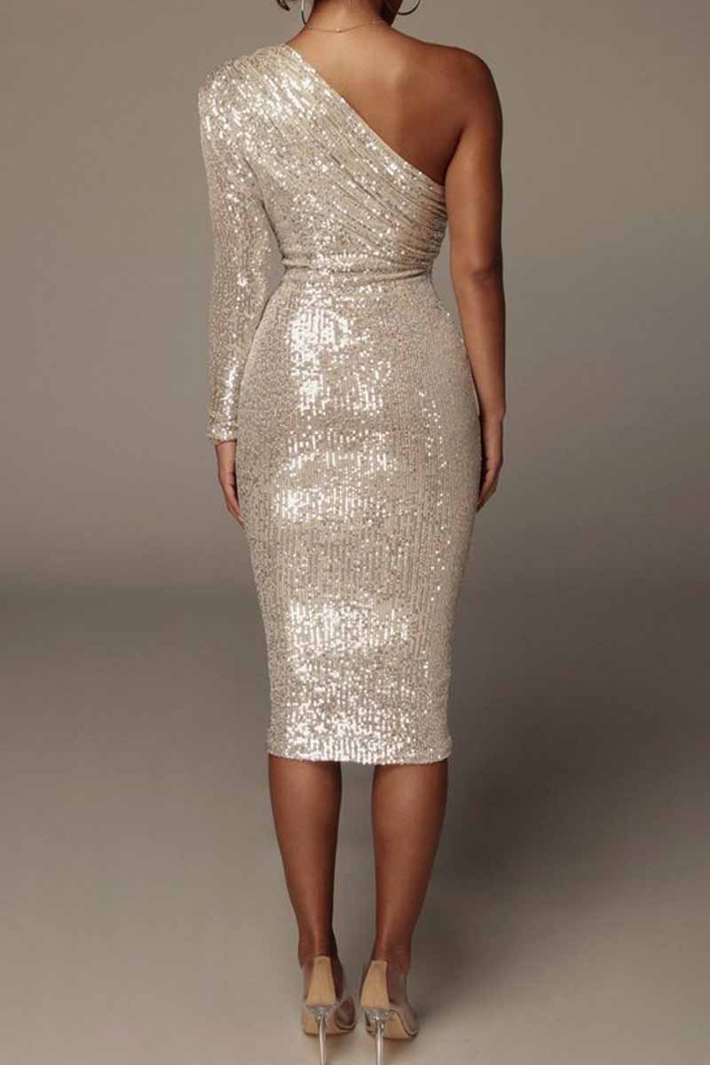 Sexy Solid Sequins One Shoulder One Step Skirt Dresses