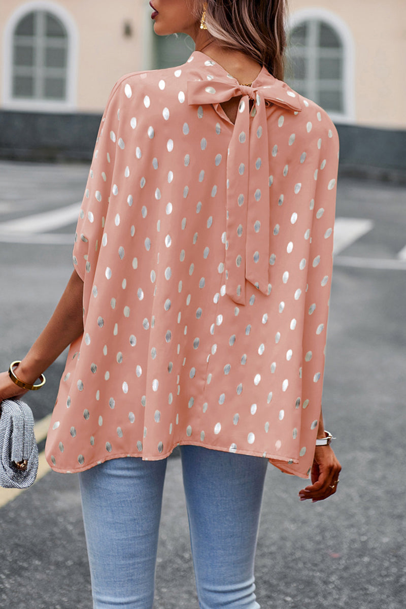 British Style Elegant Polka Dot Bandage Mandarin Collar Tops