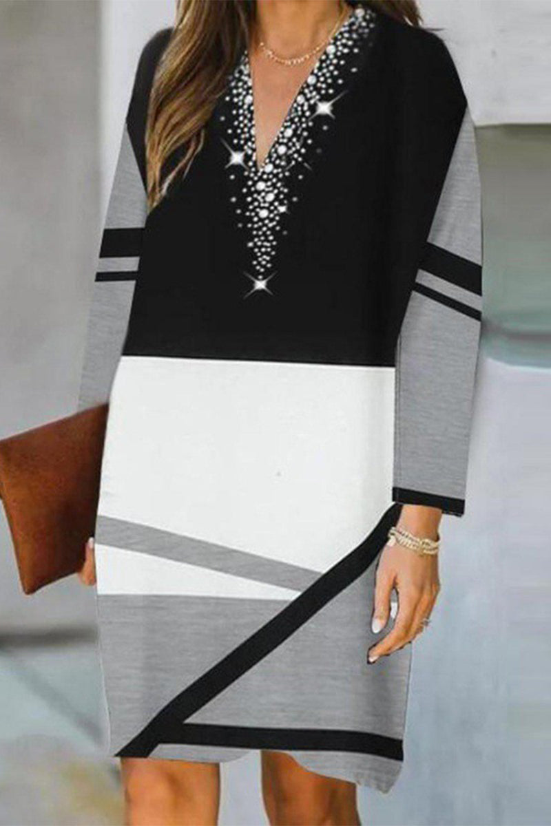 Casual Color Block Contrast V Neck Long Sleeve Dresses