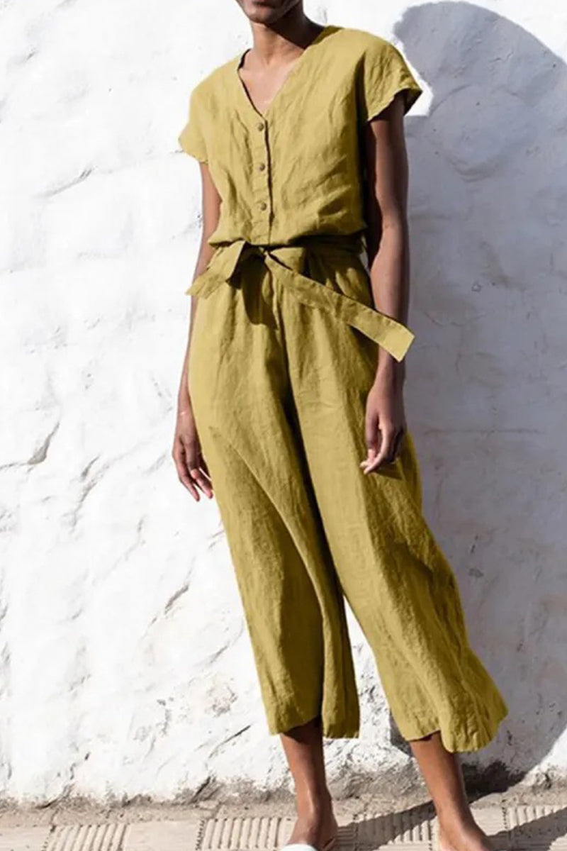 Casual British Style Solid Frenulum V Neck Loose Jumpsuits