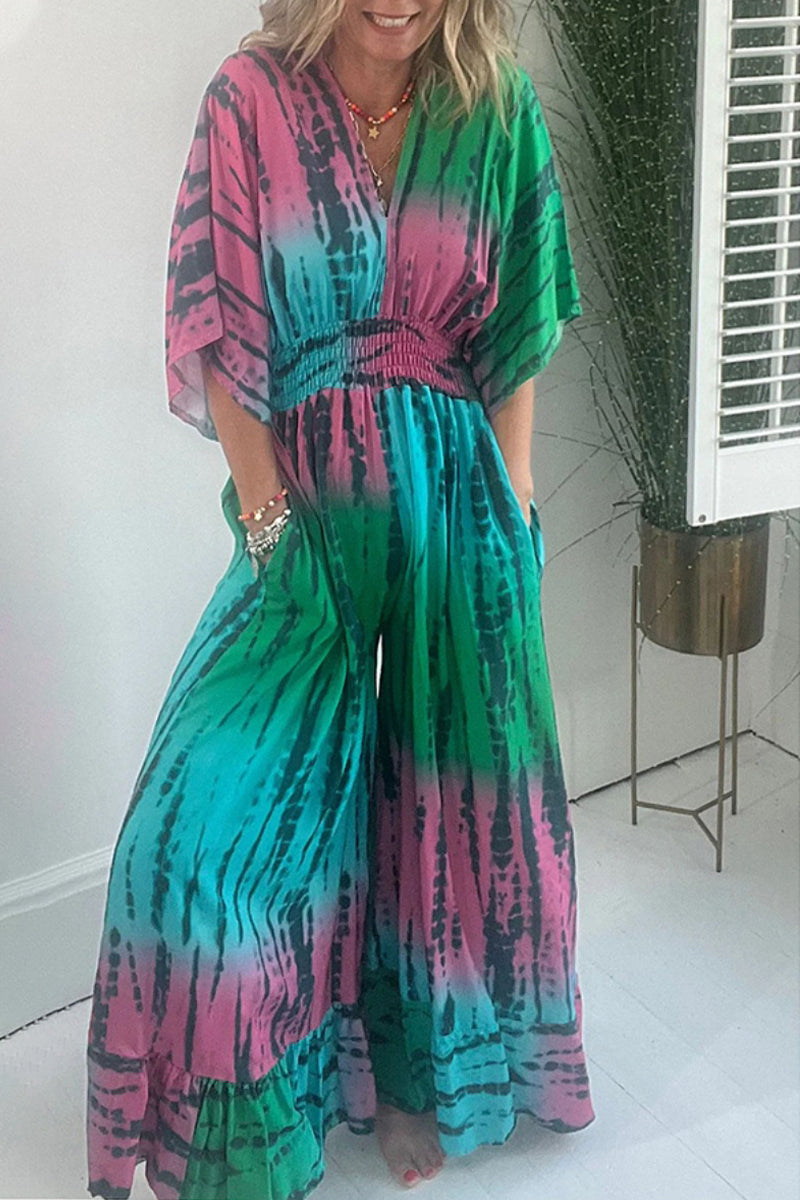 Casual Print Pocket V Neck Loose Jumpsuits