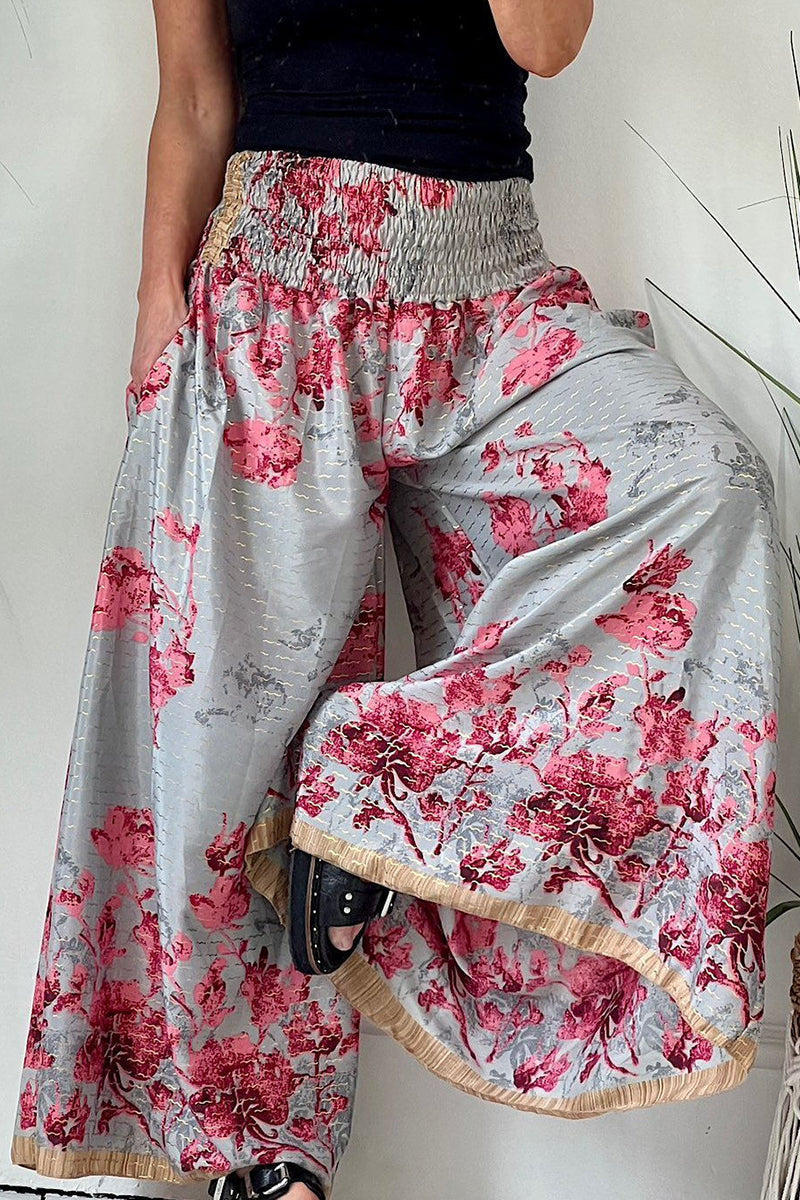 College Floral Loose High Waist Wide Leg Full Print Bottoms