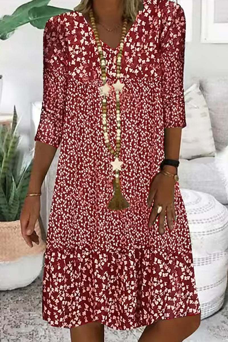 Casual Print V Neck A Line Dresses(4 Colors)