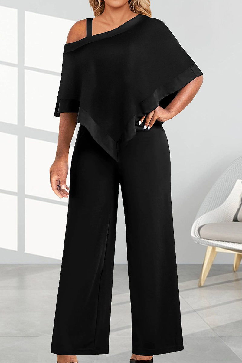 Elegant Solid Patchwork Oblique Collar Loose Jumpsuits