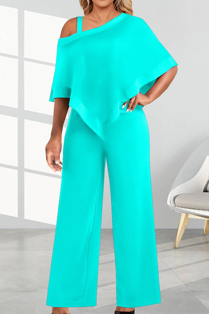 Elegant Solid Patchwork Oblique Collar Loose Jumpsuits