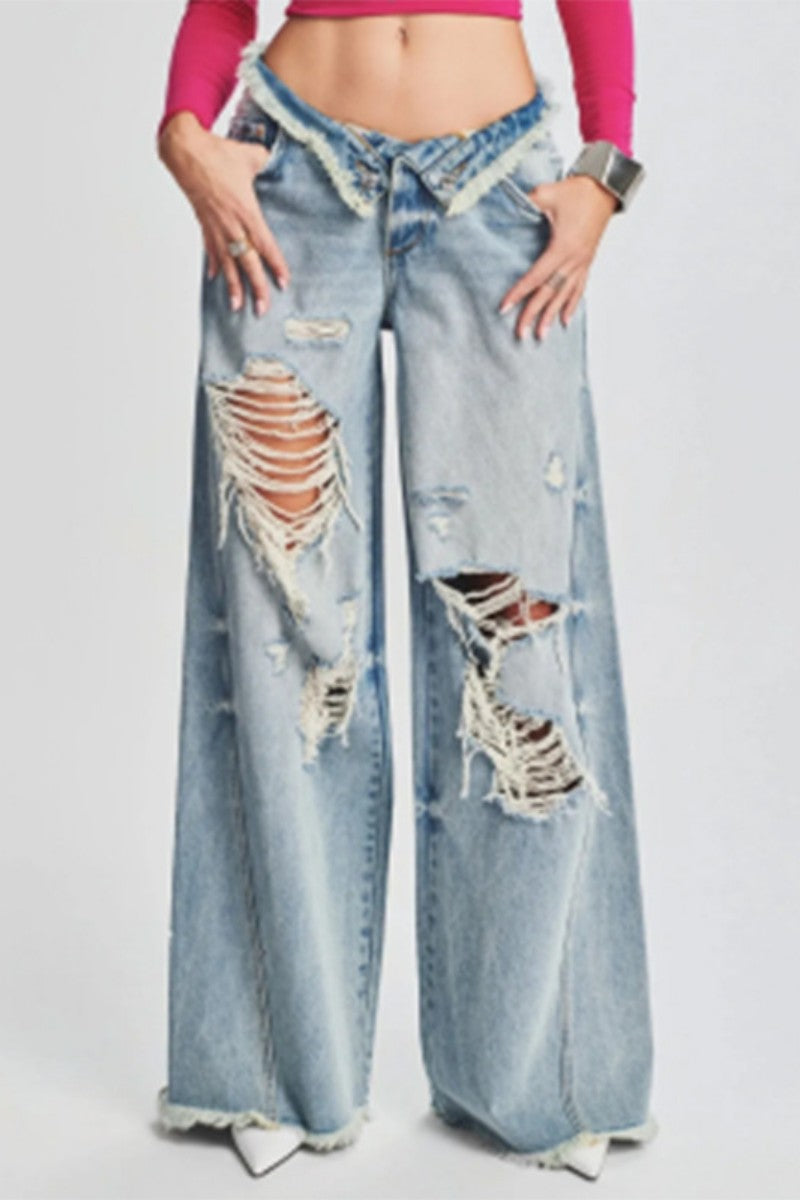 Casual Solid Ripped Patchwork Mid Waist Regular Denim Jeans (Subject To The Actual Object)(5 Colors)