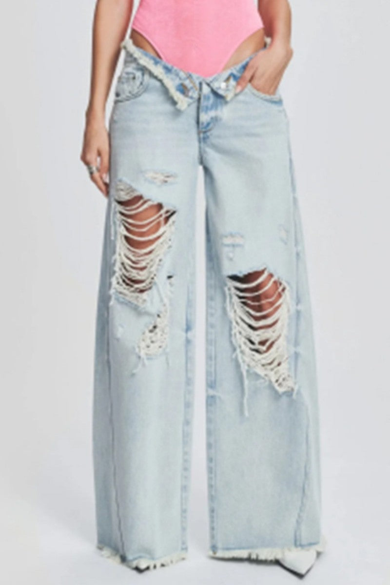 Casual Solid Ripped Patchwork Mid Waist Regular Denim Jeans (Subject To The Actual Object)(5 Colors)