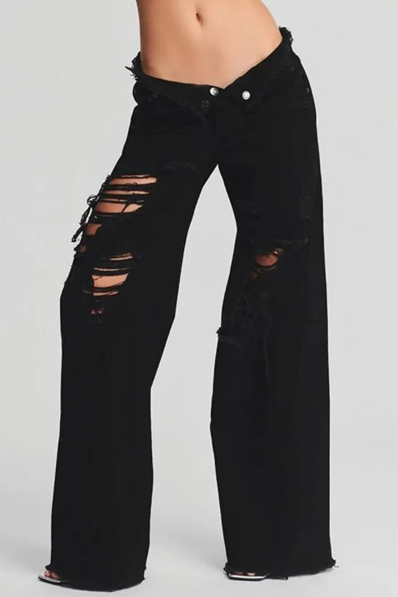 Casual Solid Ripped Patchwork Mid Waist Regular Denim Jeans (Subject To The Actual Object)(5 Colors)