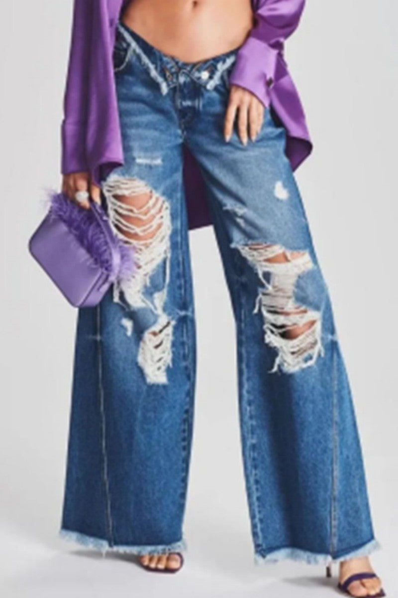 Casual Solid Ripped Patchwork Mid Waist Regular Denim Jeans (Subject To The Actual Object)(5 Colors)