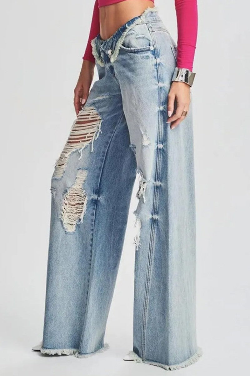 Casual Solid Ripped Patchwork Mid Waist Regular Denim Jeans (Subject To The Actual Object)(5 Colors)