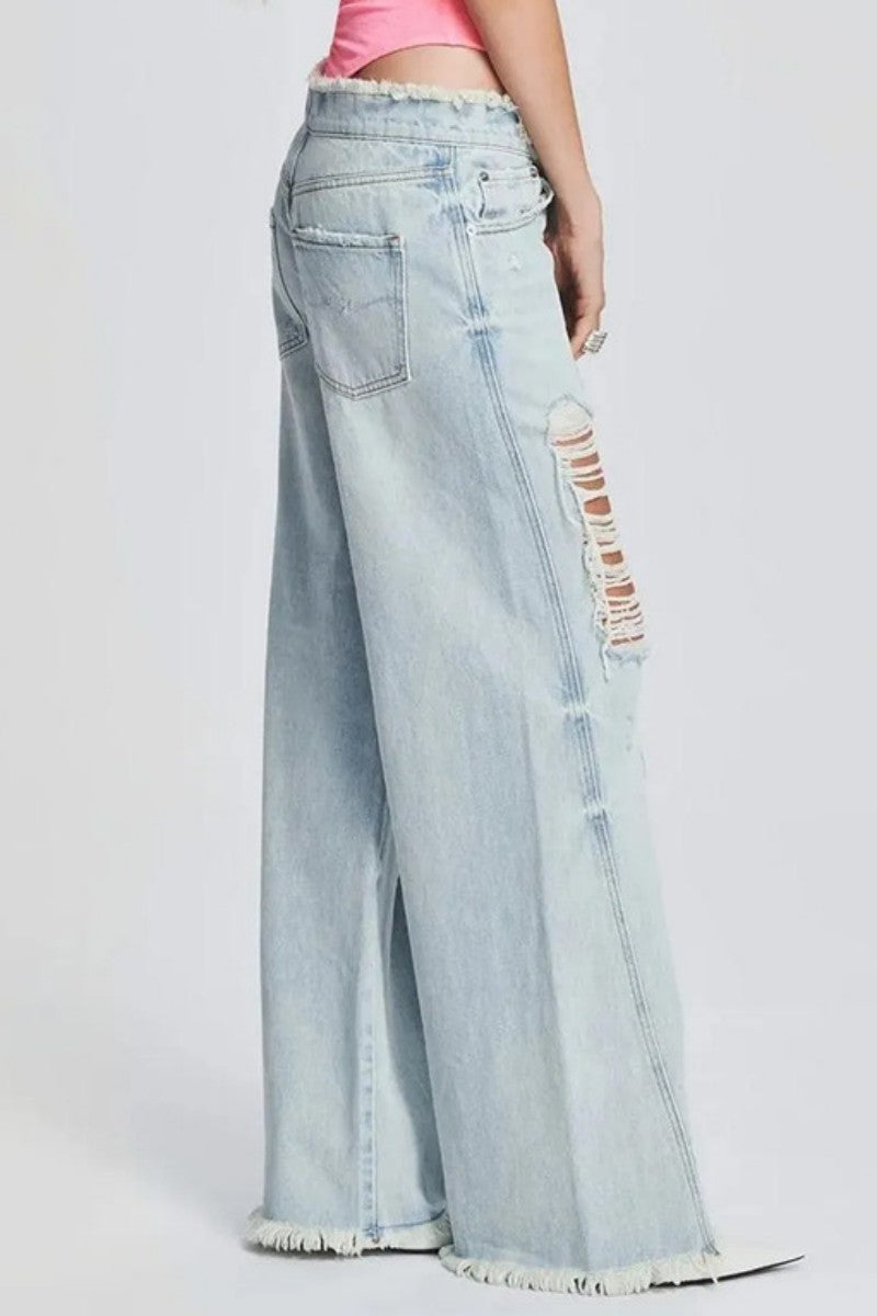 Casual Solid Ripped Patchwork Mid Waist Regular Denim Jeans (Subject To The Actual Object)(5 Colors)