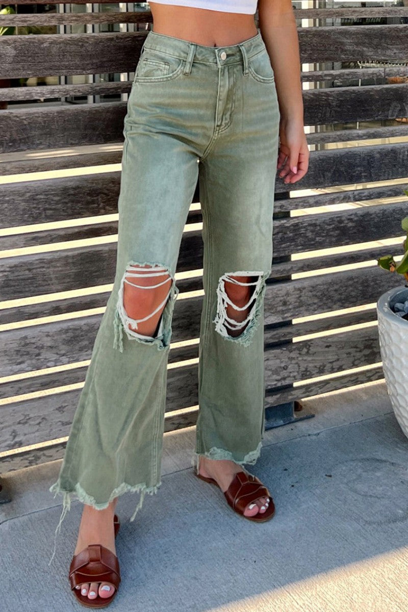 Casual Solid Ripped Patchwork High Waist Regular Denim Jeans