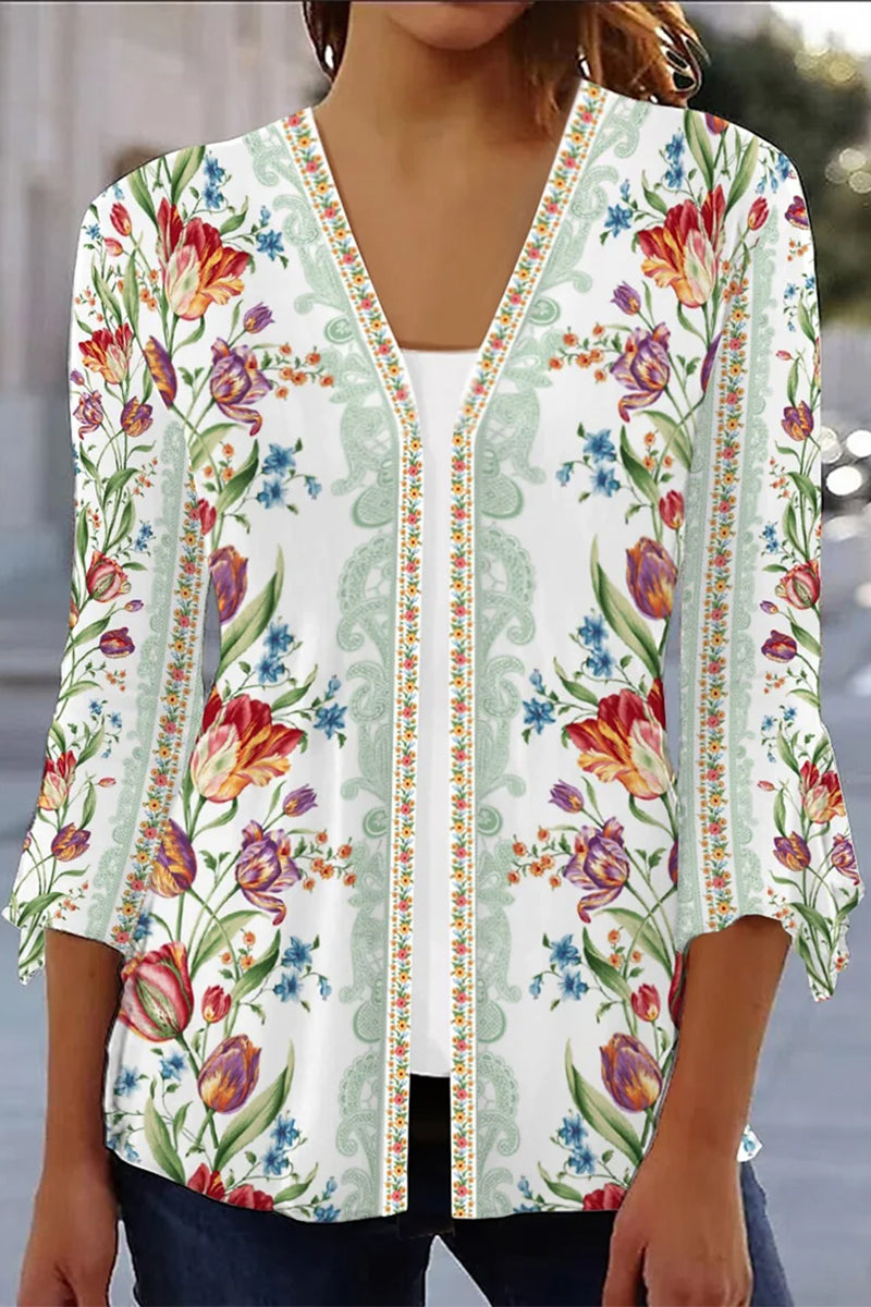 Casual Print Patchwork V Neck Outerwear