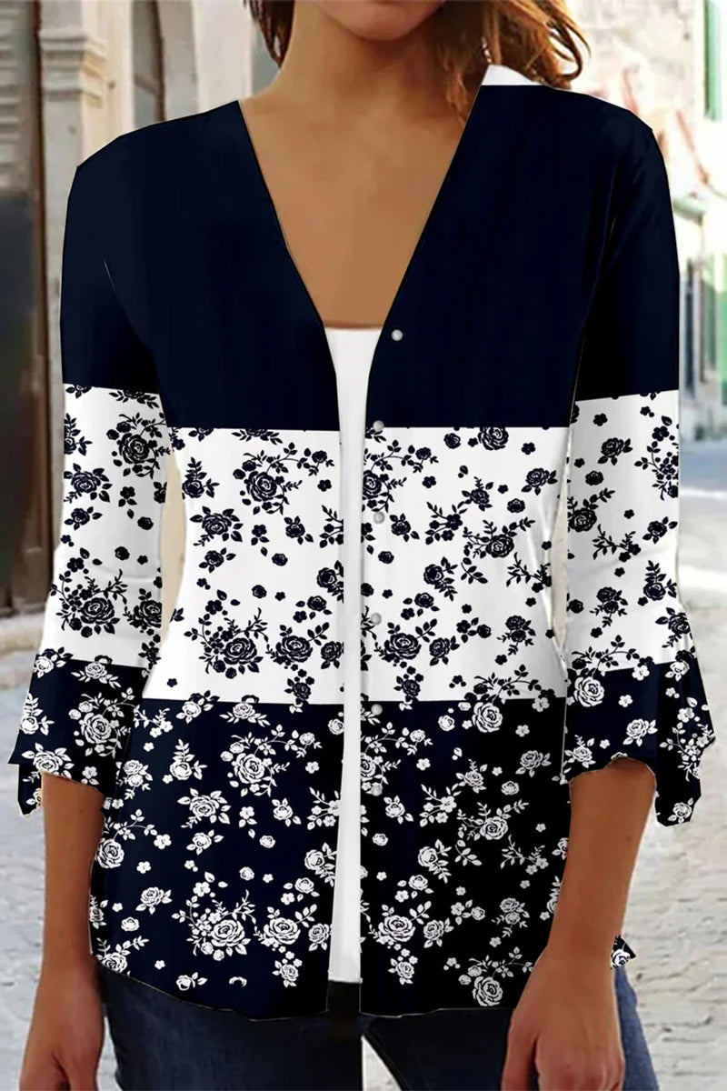 Casual Print Patchwork V Neck Outerwear