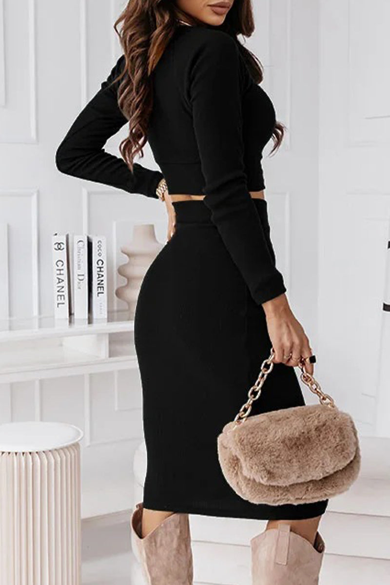 Elegant Solid O Neck Long Sleeve Two Pieces