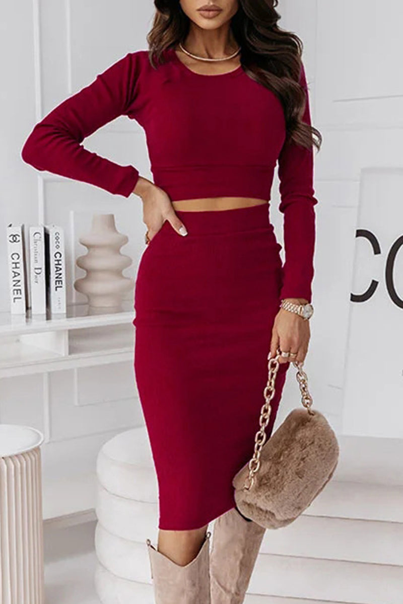 Elegant Solid O Neck Long Sleeve Two Pieces