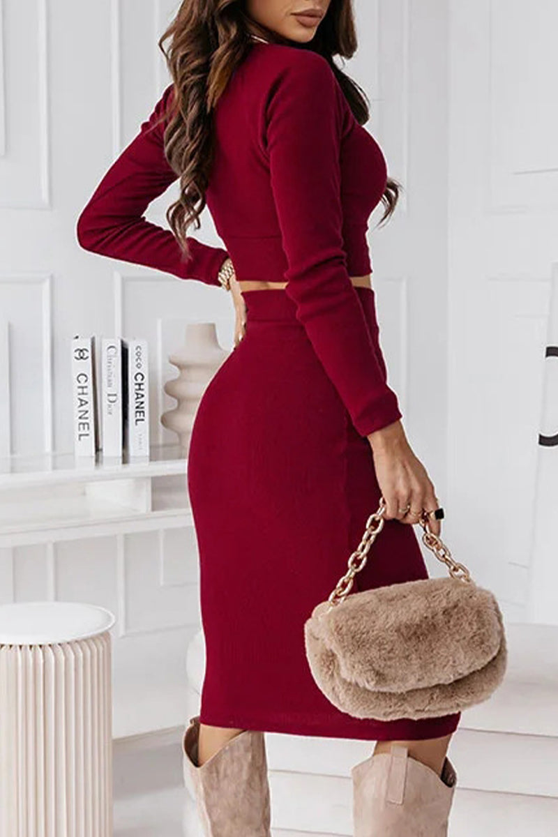 Elegant Solid O Neck Long Sleeve Two Pieces