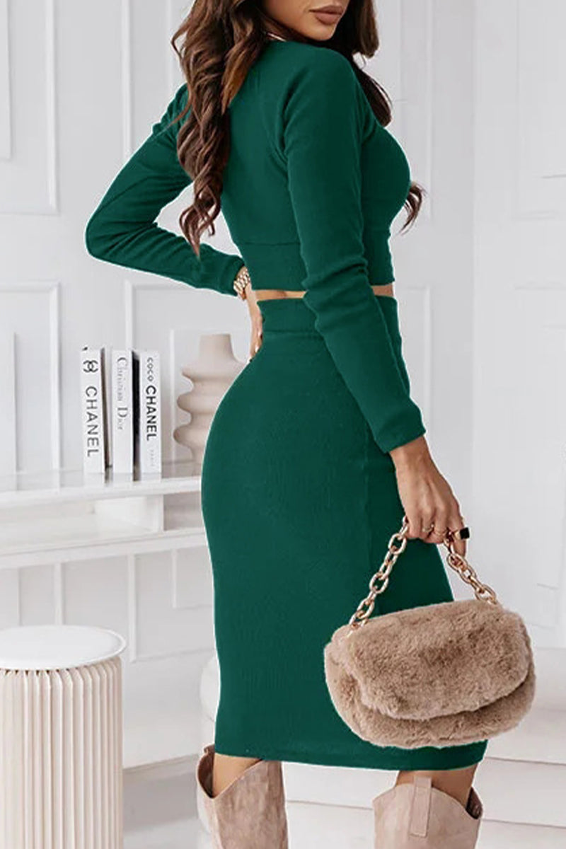 Elegant Solid O Neck Long Sleeve Two Pieces