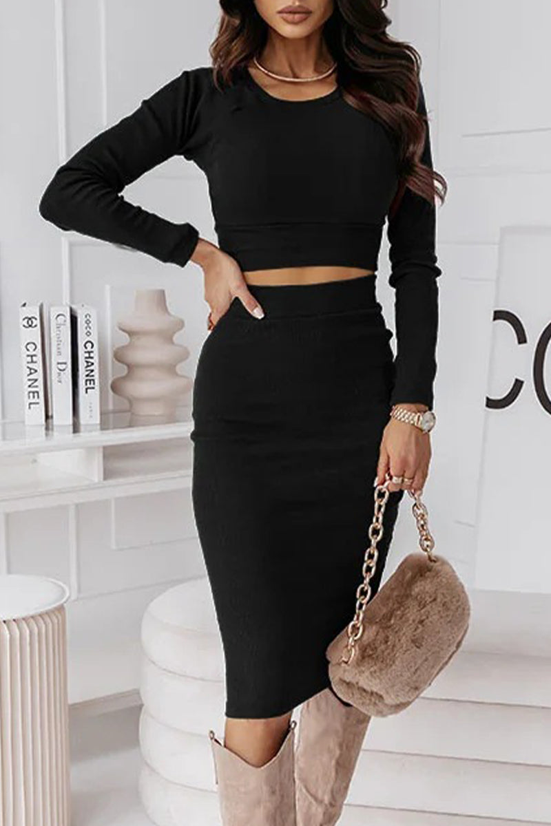 Elegant Solid O Neck Long Sleeve Two Pieces