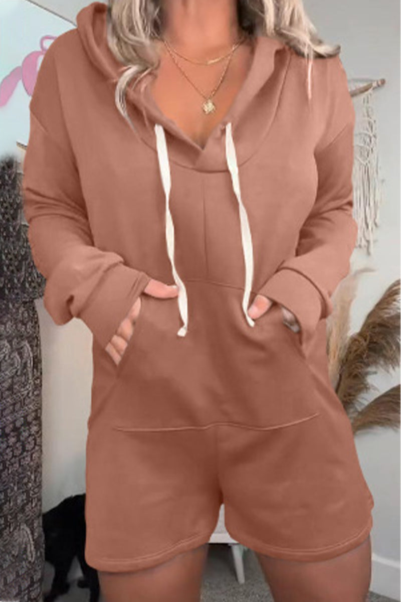 Casual Simplicity Solid Draw String Pocket Hooded Collar Loose Jumpsuits(8 Colors)