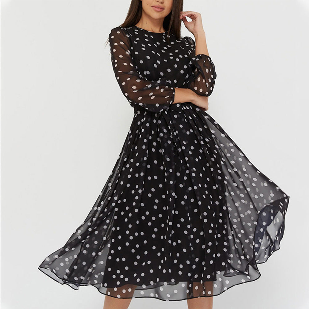 women's retro polka dot long sleeve chiffon dress