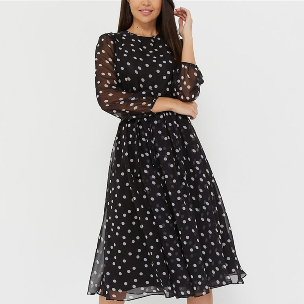 women's retro polka dot long sleeve chiffon dress