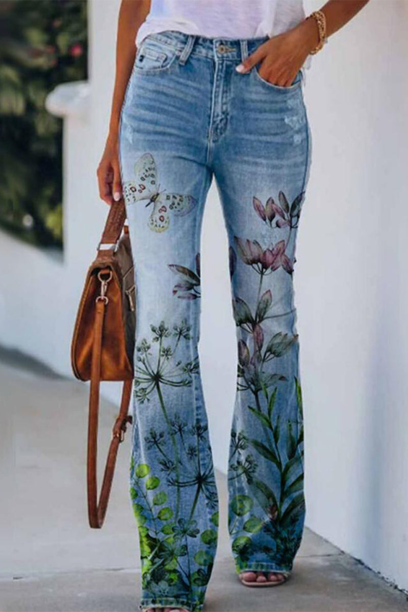 Casual Floral Pocket Regular Denim Jeans