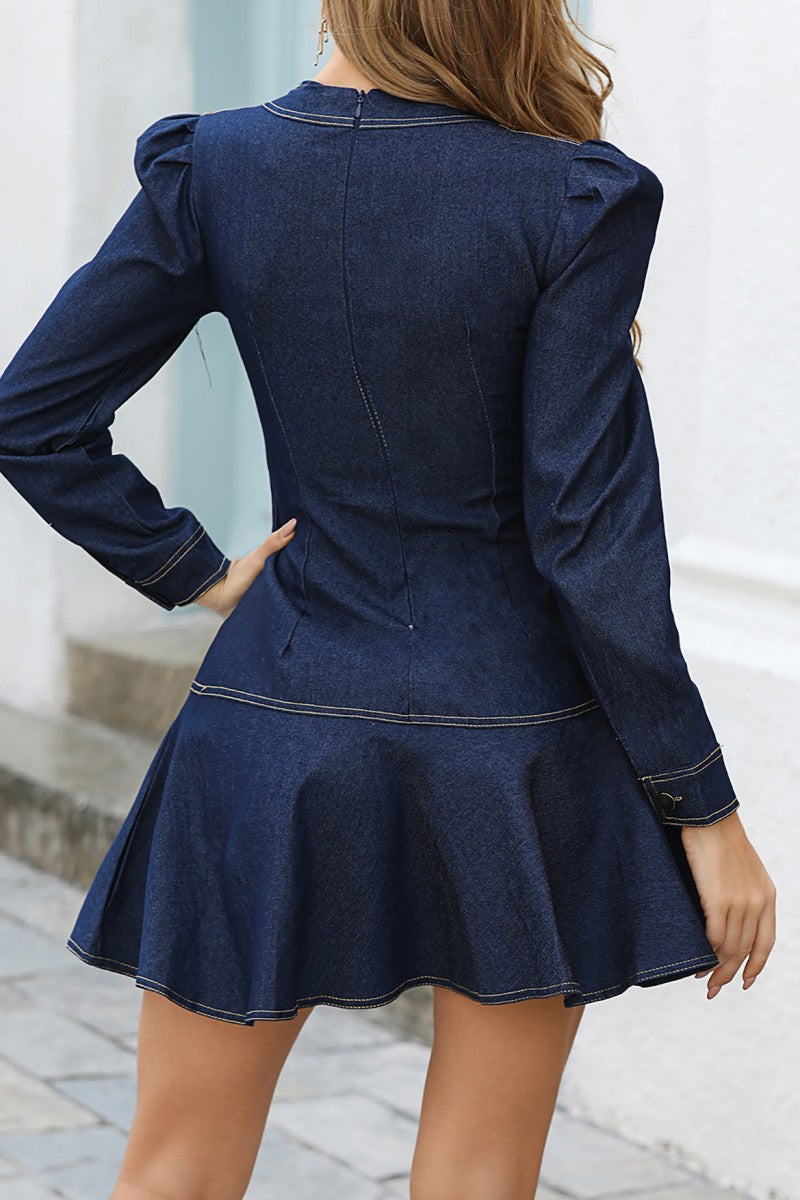 Casual Solid Patchwork V Neck Long Sleeve Dresses