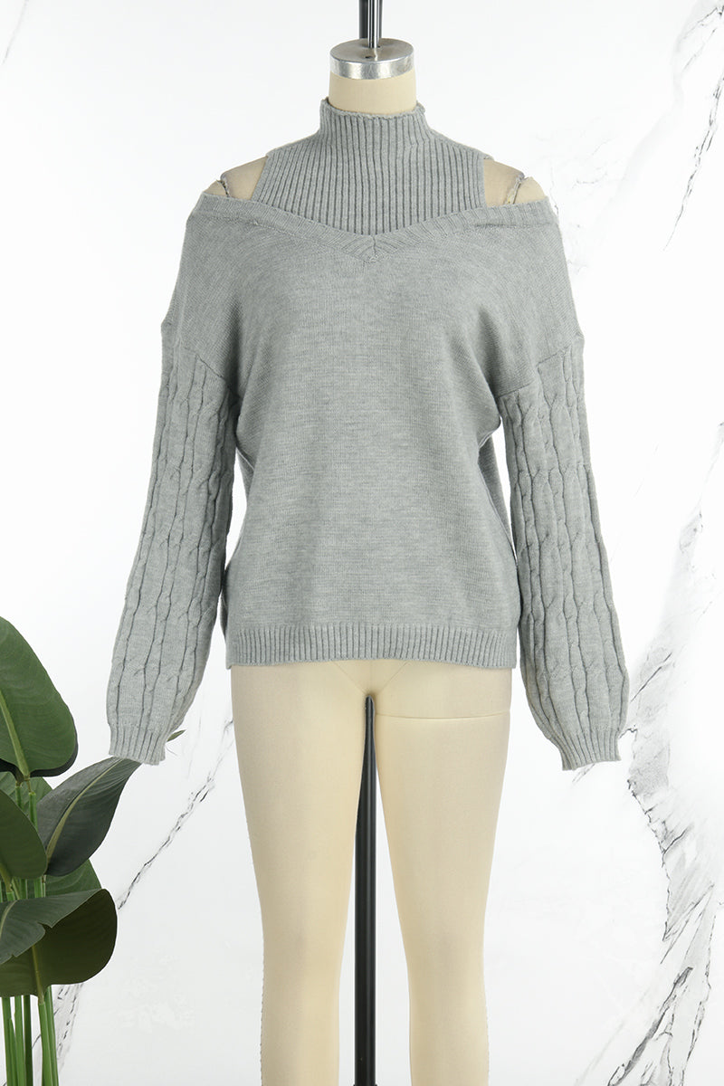 Casual Solid Hollowed Out Patchwork Turtleneck Sweaters(3 Colors)