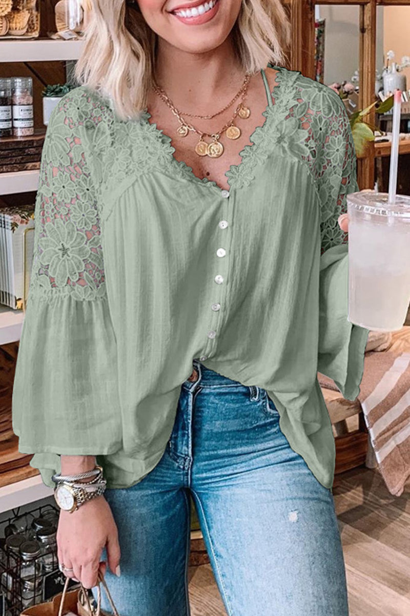 Sexy Solid Lace Buttons V Neck Tops