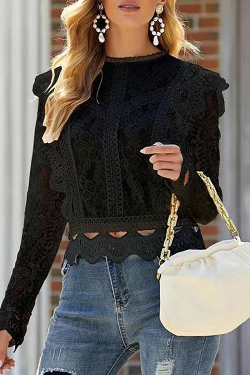 Sexy Solid Lace Zipper O Neck Tops