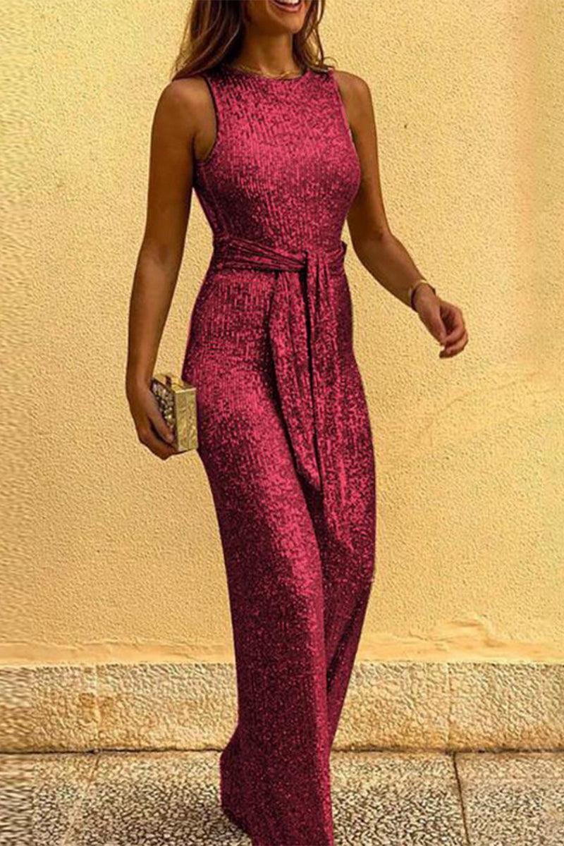 British Style Elegant Solid Sequins Backless O Neck Jumpsuits