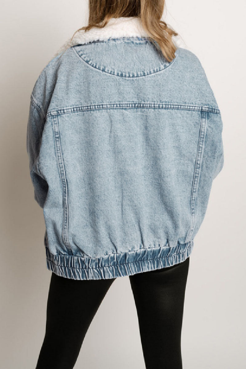 Casual Solid Patchwork Turndown Collar Long Sleeve Regular Denim Jacket