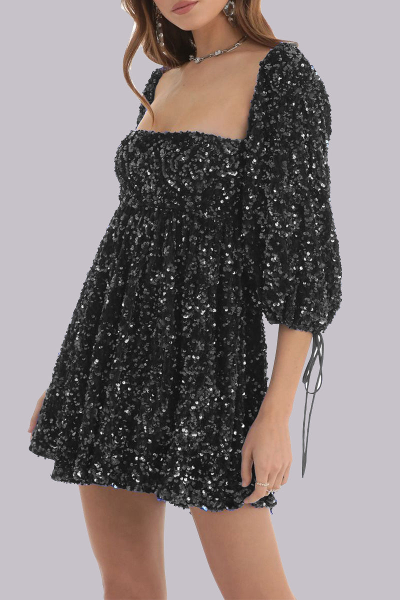 Sexy Solid Sequins Sequined Square Collar Princess Dresses